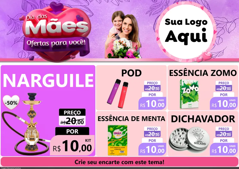 Modelo de Encarte para Encarte A4 Horizontal com o tema Dia das Mães Ofertas para Você! para Tabacaria