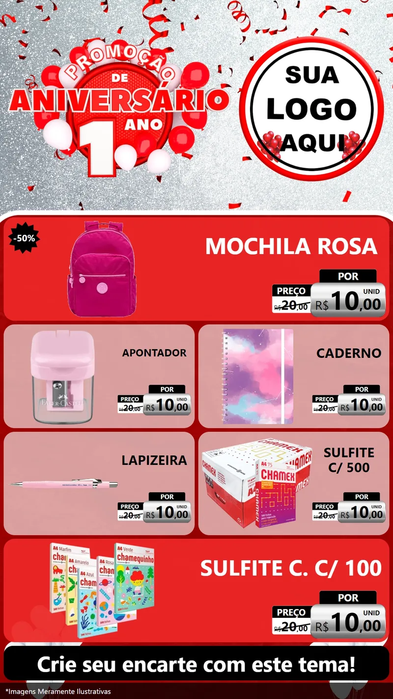 Modelo de TV para TV Vertical com o tema Promoção de Aniversário - 1 Ano para Papelaria