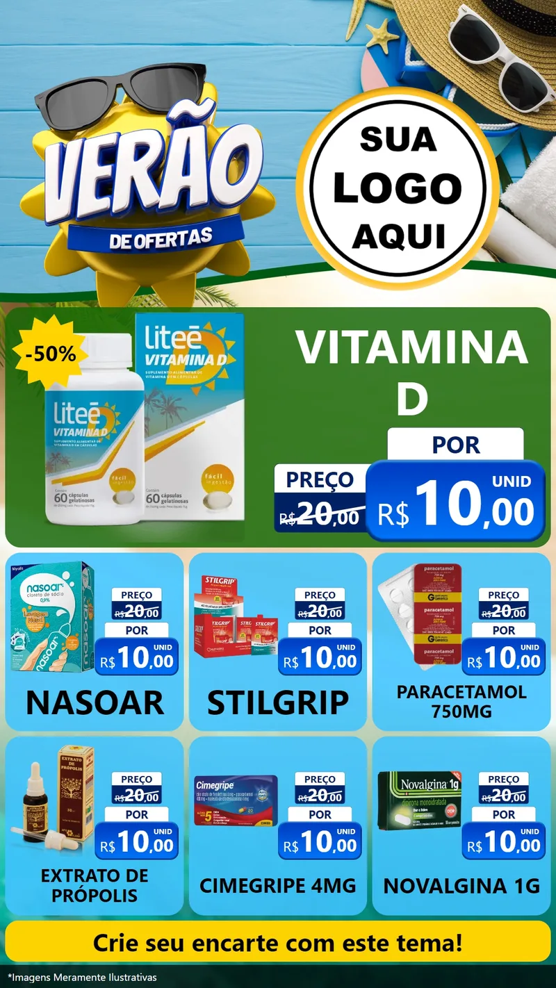 Modelo de Rede Social para Stories com o tema Verão de Ofertas para Farmácia
