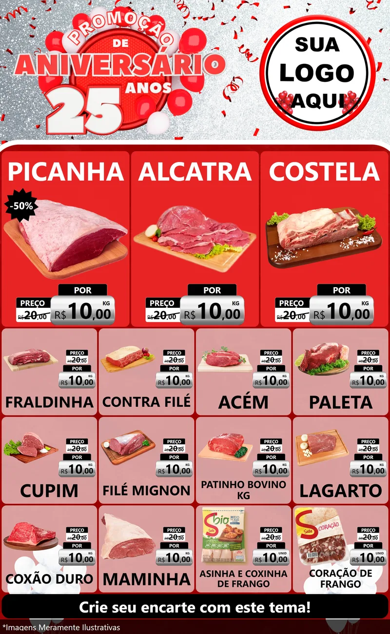 Modelo de Encarte para Encarte Grande com o tema Promoção de Aniversário - 25Anos para Açougue