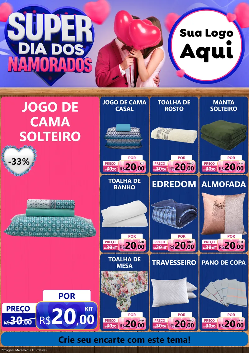Modelo de Encarte para Encarte A4 Vertical com o tema Super Dia dos Namorados para Cama, Mesa e Banho