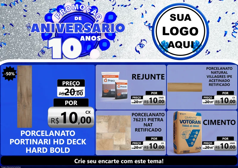 Modelo de Encarte para Encarte A4 Horizontal com o tema Promoção de Aniversário - 10 Anos para Pisos e revestimentos