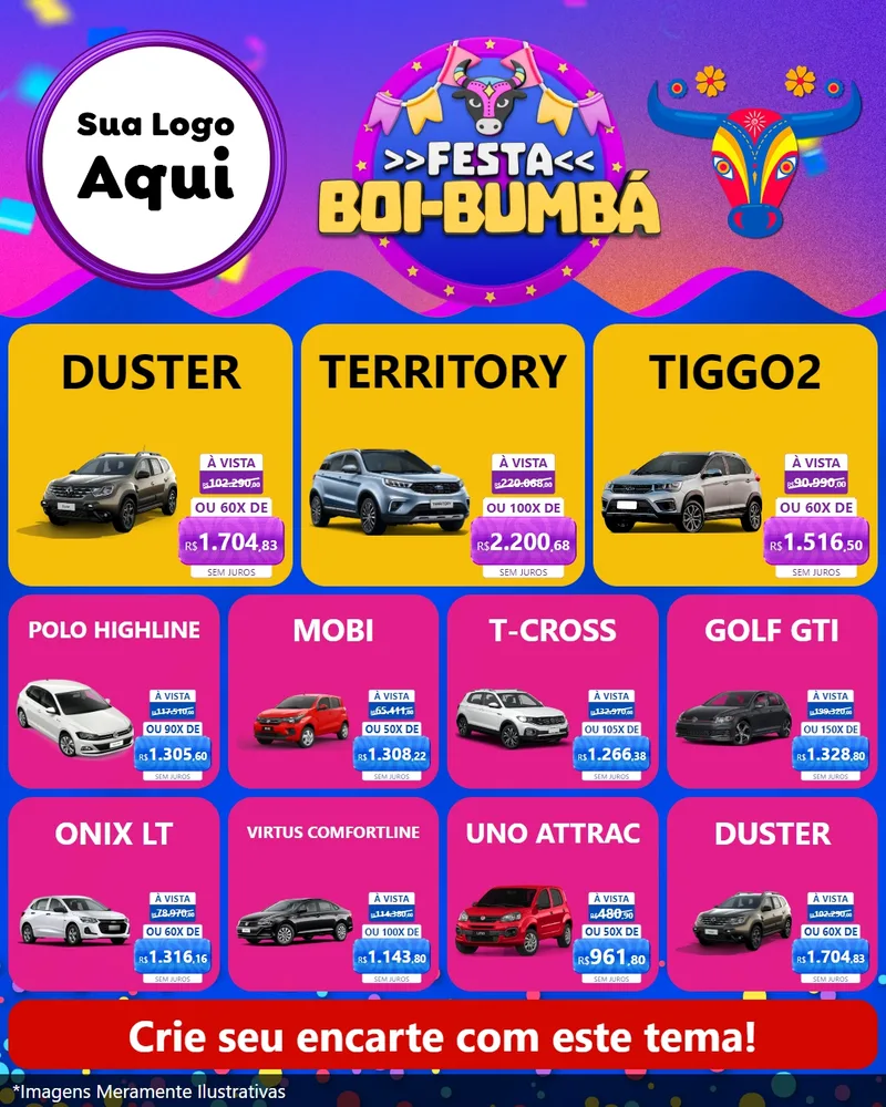 Modelo de Rede Social para Feed Instagram com o tema Festa Boi-Bumbá para Concessionaria de Carros