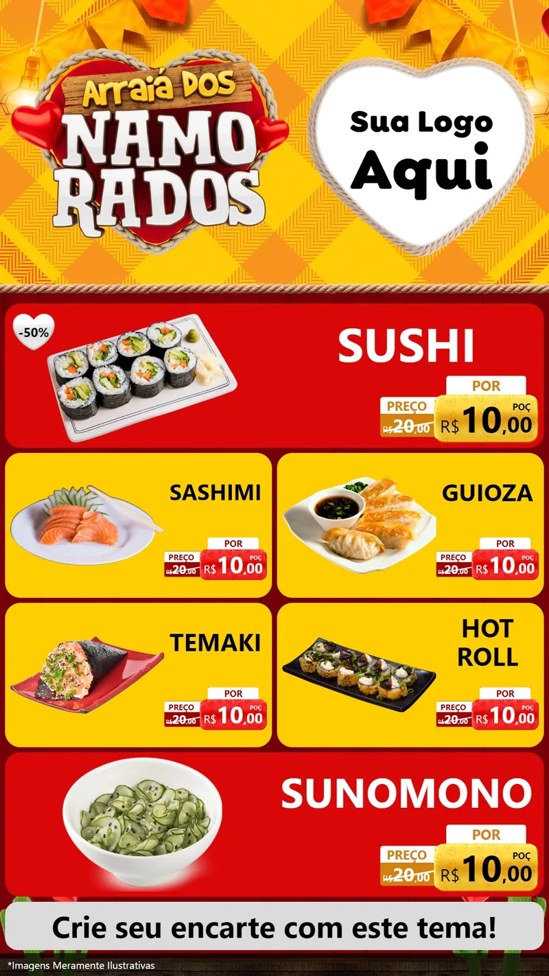 Modelo de TV para TV Vertical com o tema Arraiá dos Namorados para Comida japonesa