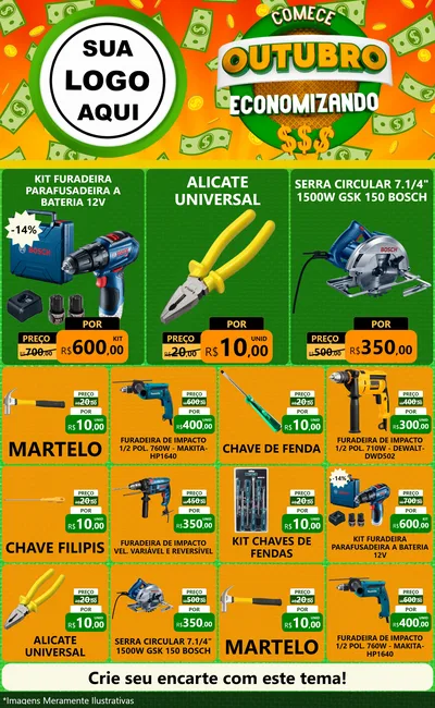 Modelo de Encarte para Encarte Grande com o tema Comece Outubro Economizando para Maquinas e Ferramentas