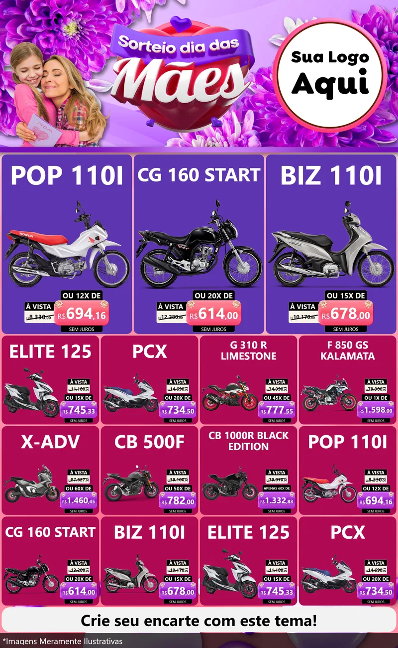 Modelo de Encarte para Encarte Grande com o tema Sorteio Dia das Mães para Concessionaria de Motos