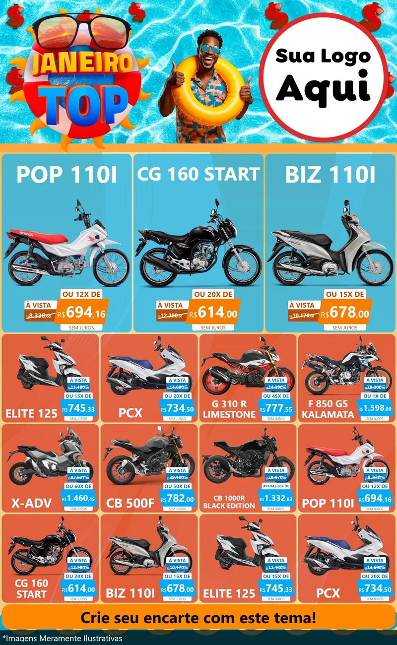 Modelo de Encarte para Encarte Grande com o tema Janeiro Top para Concessionaria de Motos