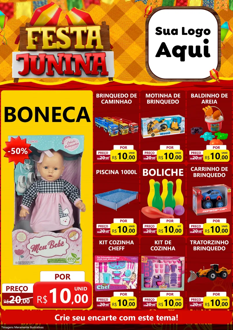 Modelo de Encarte para Encarte A4 Vertical com o tema Festa Junina para Brinquedos