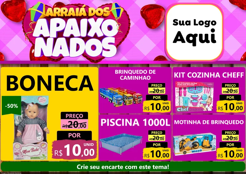 Modelo de Encarte para Encarte A4 Horizontal com o tema Arraiá dos Apaixonados para Brinquedos