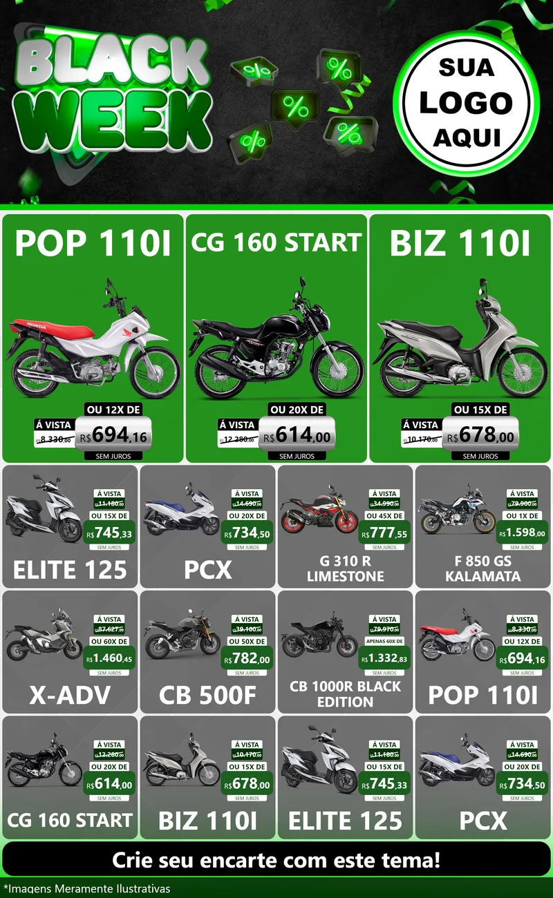 Modelo de Encarte para Encarte Grande com o tema Black Week para Concessionaria de Motos