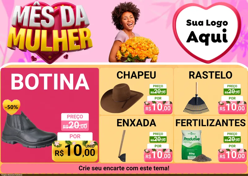 Modelo de Encarte para Encarte A4 Horizontal com o tema Mês da Mulher para Agropecuária