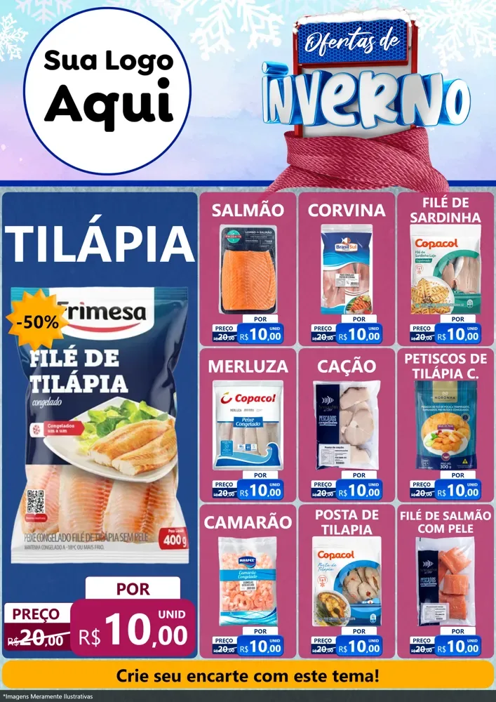 Modelo de Encarte para Encarte A4 Vertical com o tema Ofertas de Inverno para Peixaria
