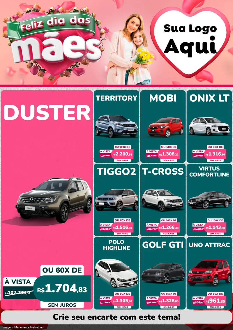 Modelo de Encarte para Encarte A4 Vertical com o tema Feliz Dia das Mães para Concessionaria de Carros