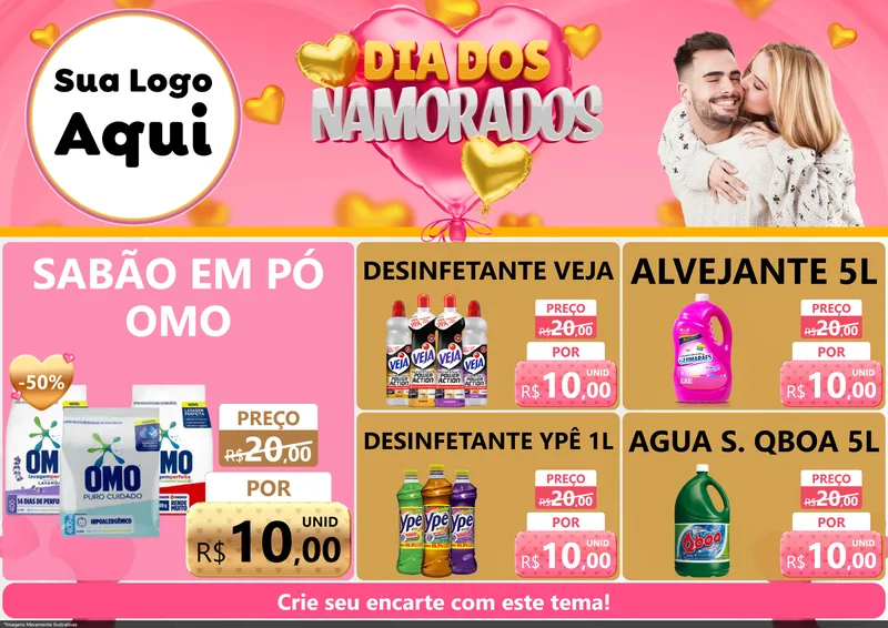 Modelo de Encarte para Encarte A4 Horizontal com o tema Dia dos Namorados para Produtos de Limpeza