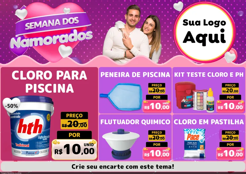 Modelo de Encarte para Encarte A4 Horizontal com o tema Semana dos Namorados para Produtos para Piscina