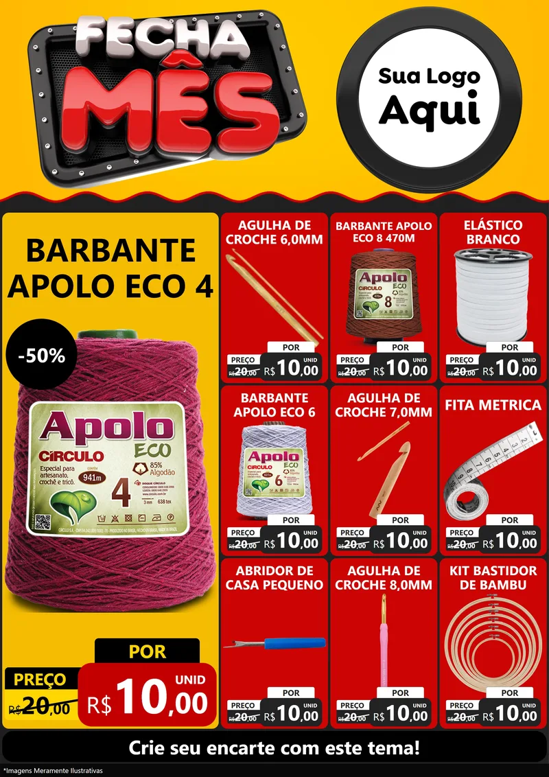 Modelo de Encarte para Encarte A4 Vertical com o tema Fecha Mês para Armarinho e Aviamentos