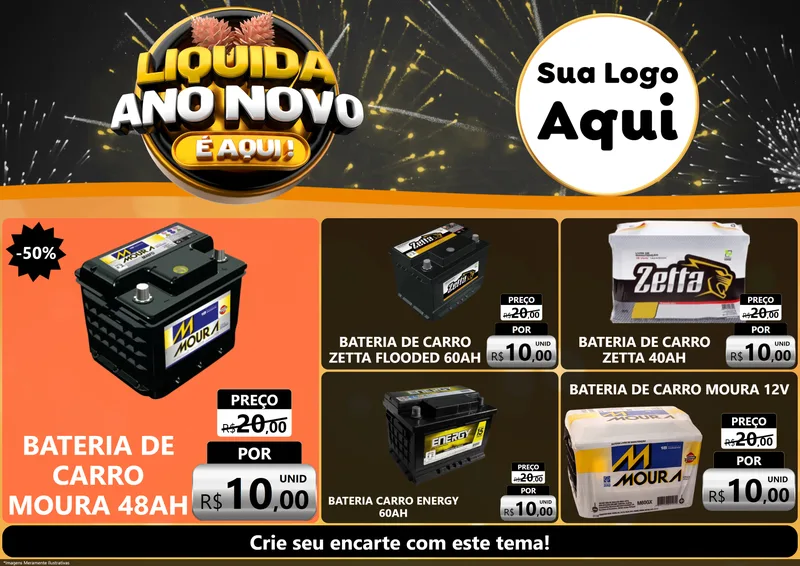 Modelo de Encarte para Encarte A4 Horizontal com o tema Liquida Ano Novo É Aqui! para Baterias Elétricas