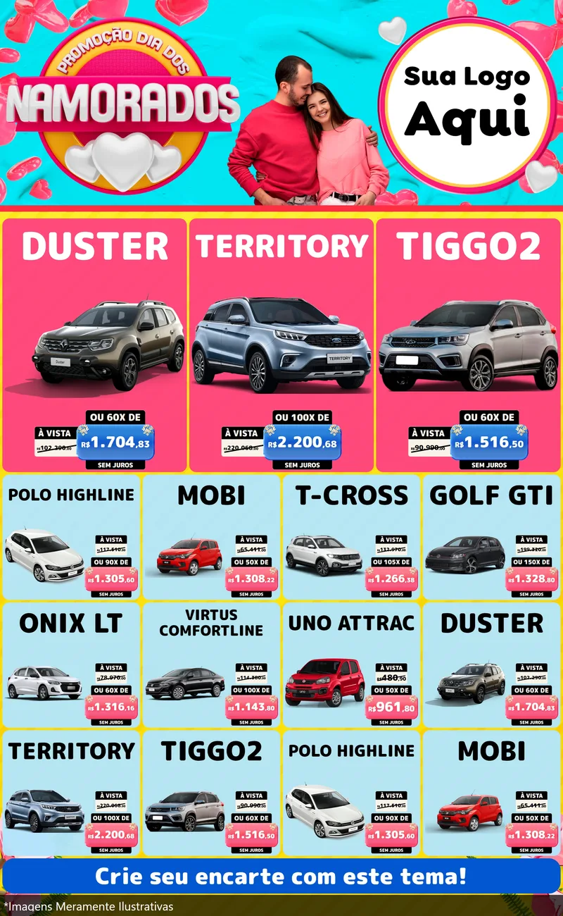 Modelo de Encarte para Encarte Grande com o tema Promoção Dia dos Namorados para Concessionaria de Carros