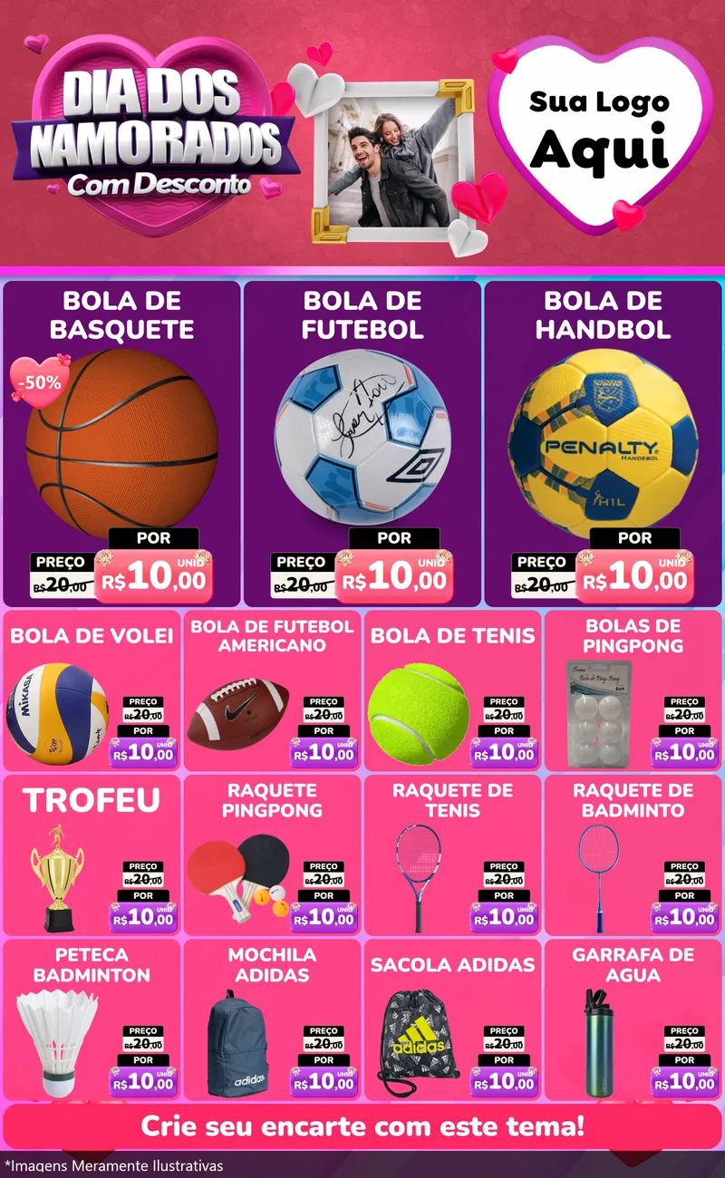Modelo de Encarte para Encarte Grande com o tema Dia Dos Namorados Com Desconto para Artigos Esportivos