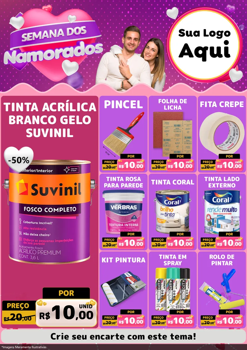 Modelo de Encarte para Encarte A4 Vertical com o tema Semana dos Namorados para Tintas e Ferramentas