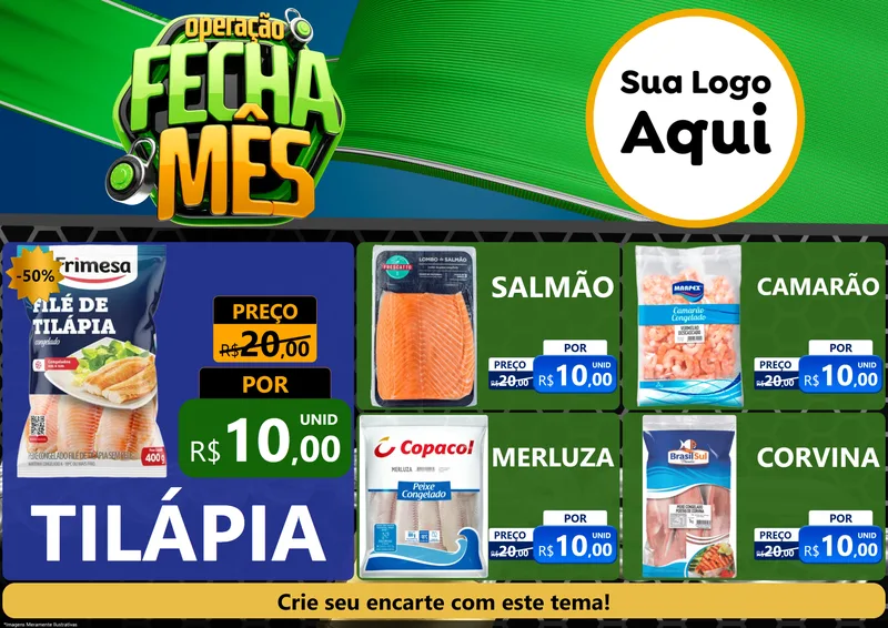 Modelo de Encarte para Encarte A4 Horizontal com o tema Operação Fecha Mês para Peixaria