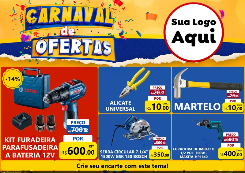 Modelo de Encarte para Encarte A4 Horizontal com o tema Carnaval de Ofertas para Maquinas e Ferramentas