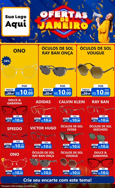 Modelo de Encarte para Encarte Grande com o tema Ofertas de Janeiro para Óticas