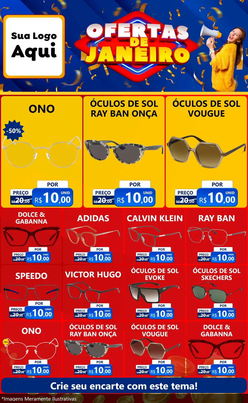 Modelo de Encarte para Encarte Grande com o tema Ofertas de Janeiro para Óticas