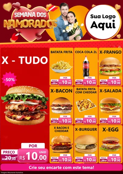 Modelo de Encarte para Encarte A4 Vertical com o tema Semana dos Namorados para Hamburgueria
