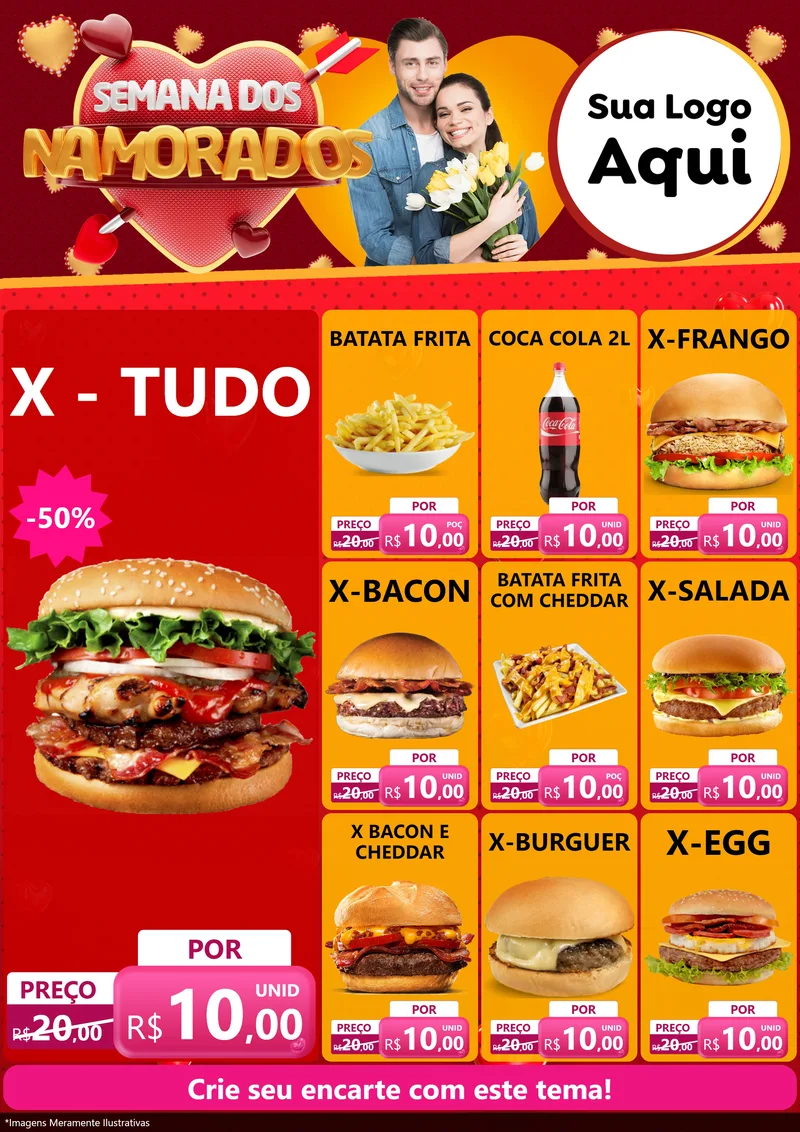 Modelo de Encarte para Encarte A4 Vertical com o tema Semana dos Namorados para Hamburgueria