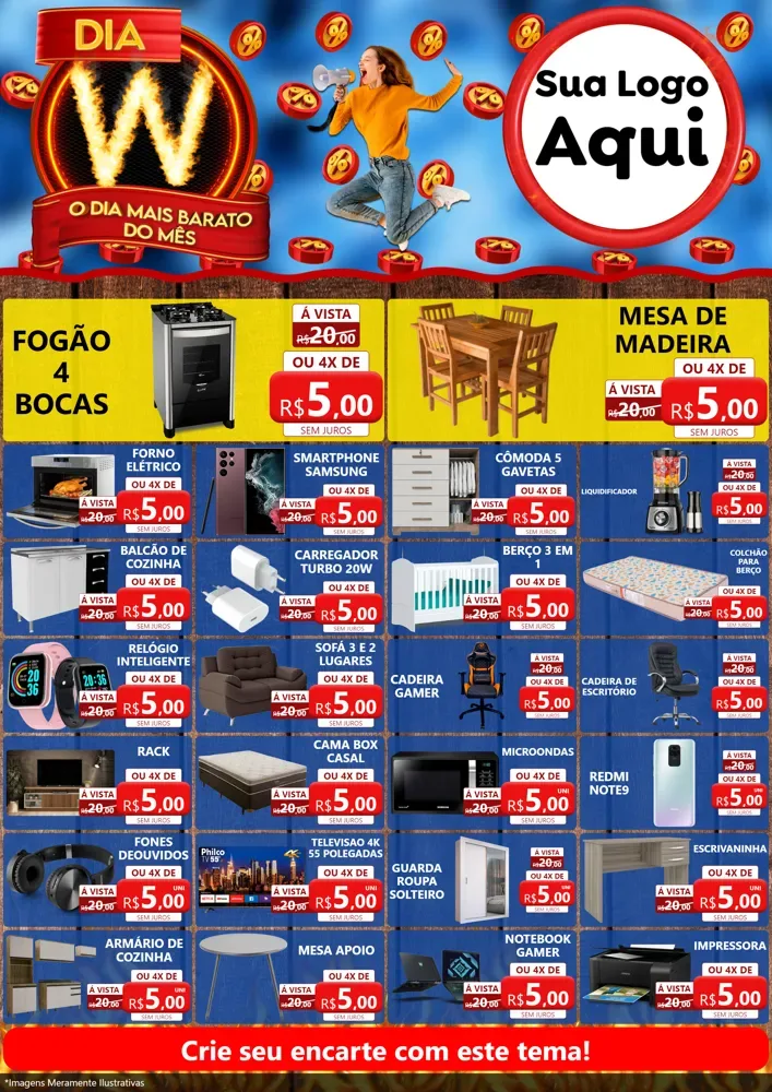 Modelo de Encarte para Encarte A4 Vertical com o tema Dia W - O Dia Mais Barato Do Mês para Móveis e Eletro