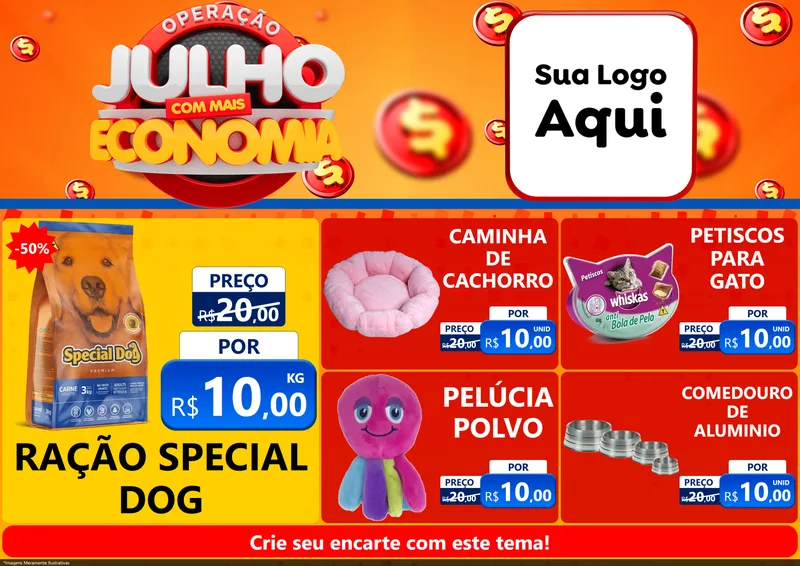 Modelo de Encarte para Encarte A4 Horizontal com o tema Operação Julho Com Mais Economia para Pet Shop