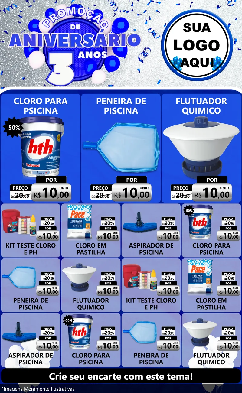 Modelo de Encarte para Encarte Grande com o tema Promoção de Aniversário - 3 Anos para Produtos para Piscina
