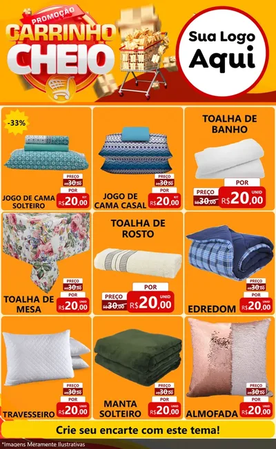 Modelo de Encarte para Encarte Grande com o tema Promoção carrinho cheio para Cama, Mesa e Banho