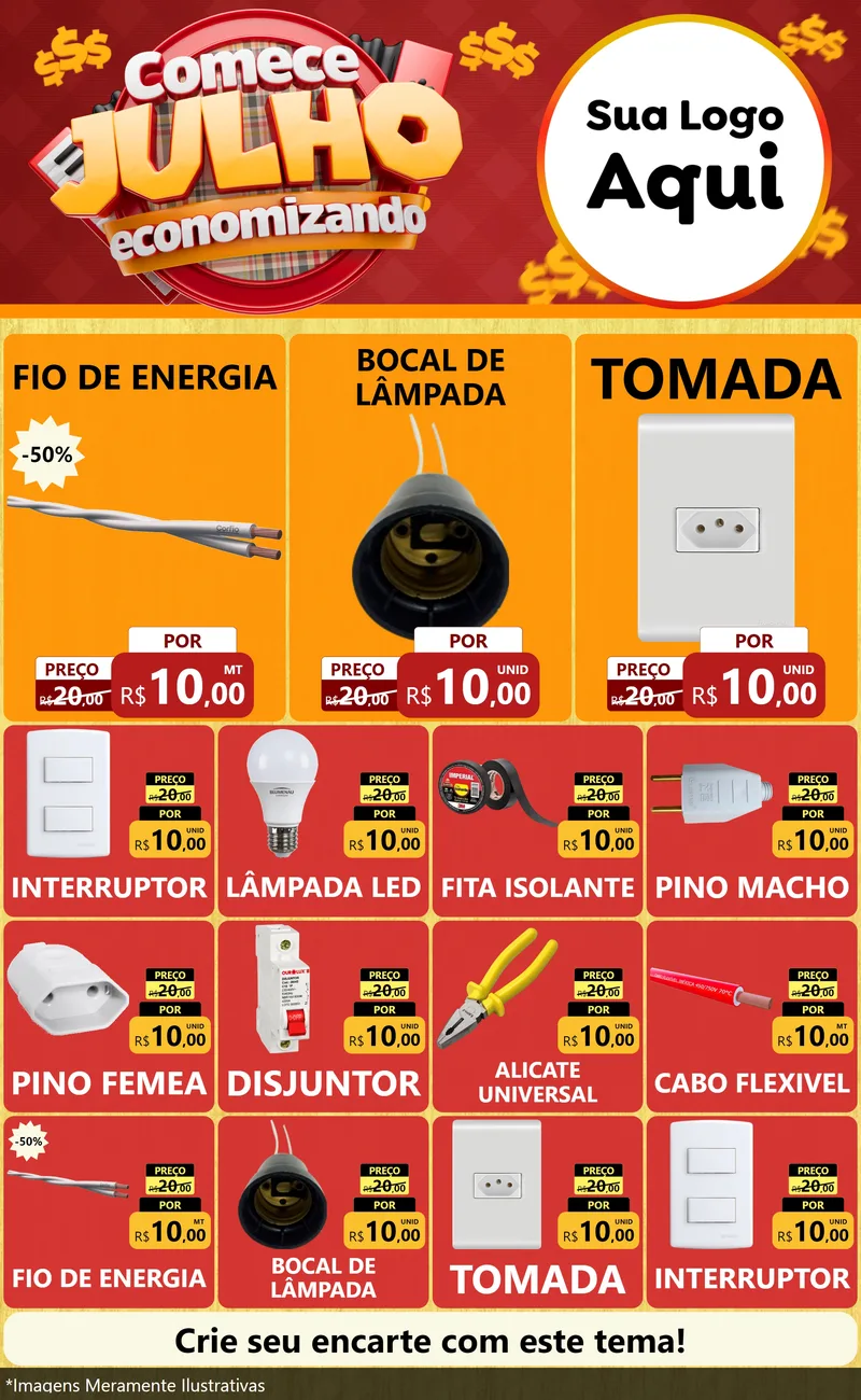 Modelo de Encarte para Encarte Grande com o tema Comece Julho Economizando para Materiais Elétricos