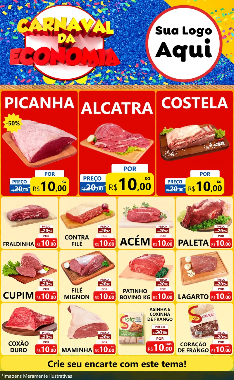 Modelo de Encarte para Encarte Grande com o tema Carnaval da Economia para Açougue