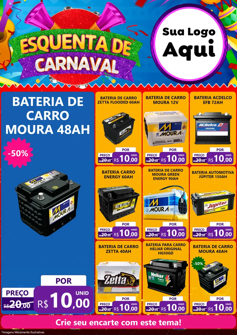 Modelo de Encarte para Encarte A4 Vertical com o tema Esquenta de Carnaval para Baterias Elétricas