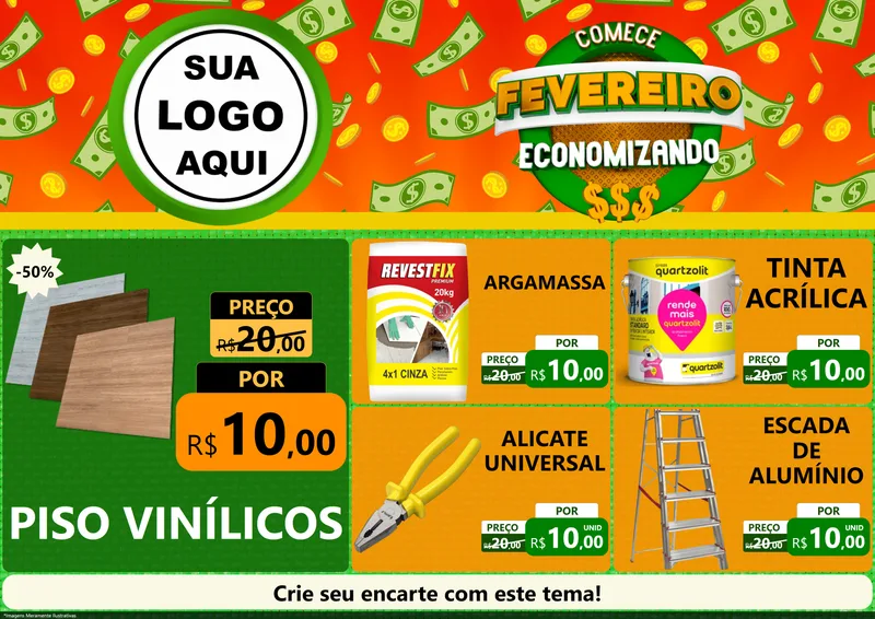 Modelo de Encarte para Encarte A4 Horizontal com o tema Comece Fevereiro Economizando para Material para Construção