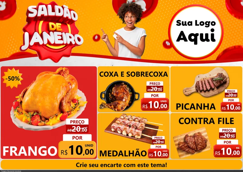Modelo de Encarte para Encarte A4 Horizontal com o tema Saldão de Janeiro para Assados