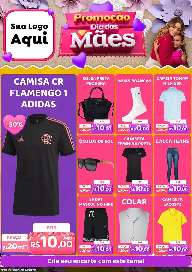 Modelo de Encarte para Encarte A4 Vertical com o tema Promoção Dia das Mães para Roupas e acessórios