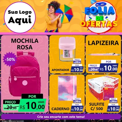 Modelo de Rede Social para Feed Facebook com o tema Folia de Ofertas para Papelaria