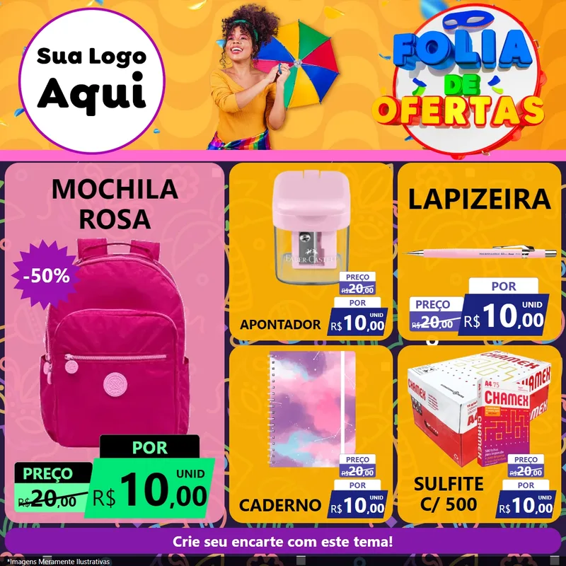 Modelo de Rede Social para Feed Facebook com o tema Folia de Ofertas para Papelaria