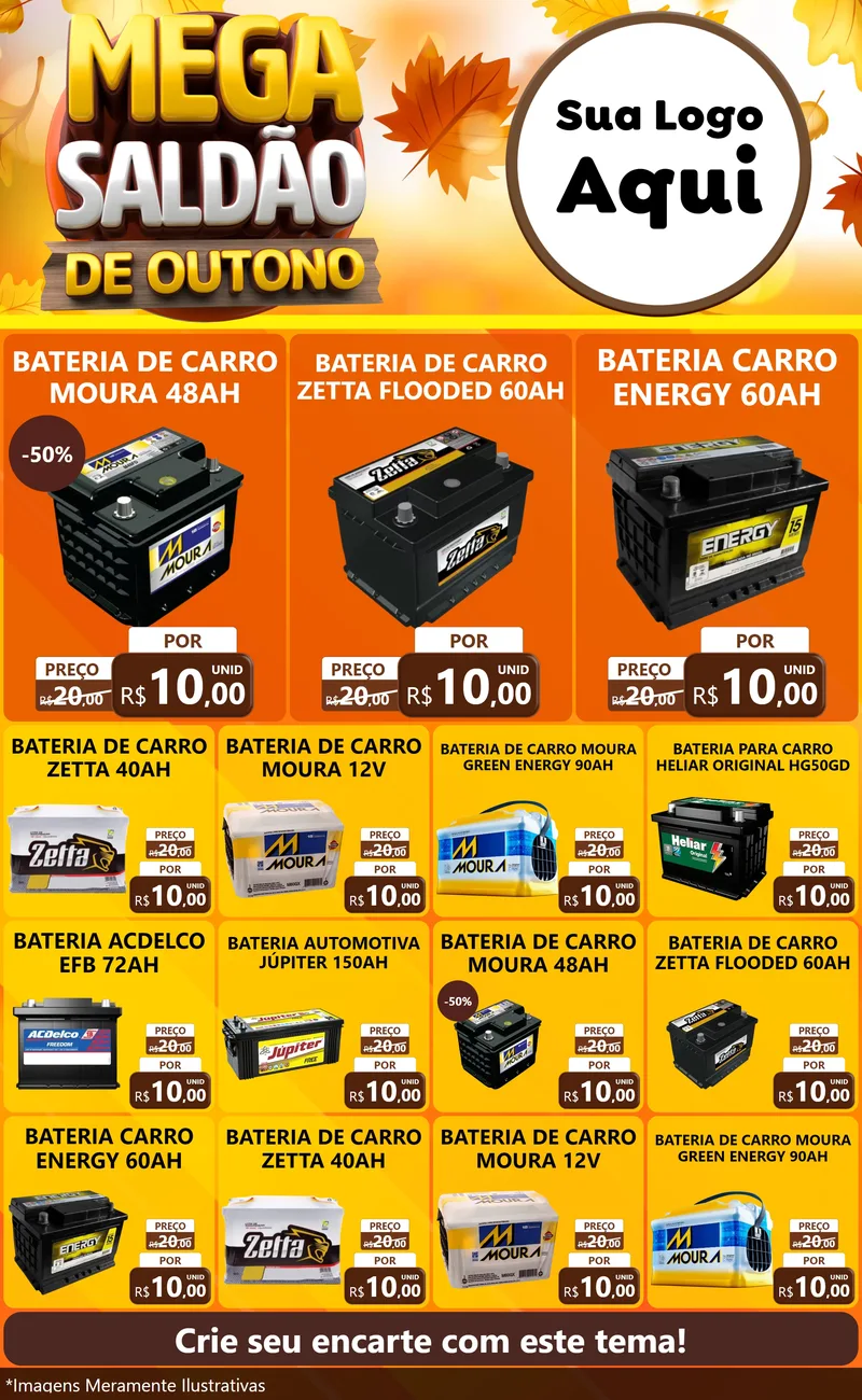 Modelo de Encarte para Encarte Grande com o tema Mega Saldão de Outono para Baterias Elétricas