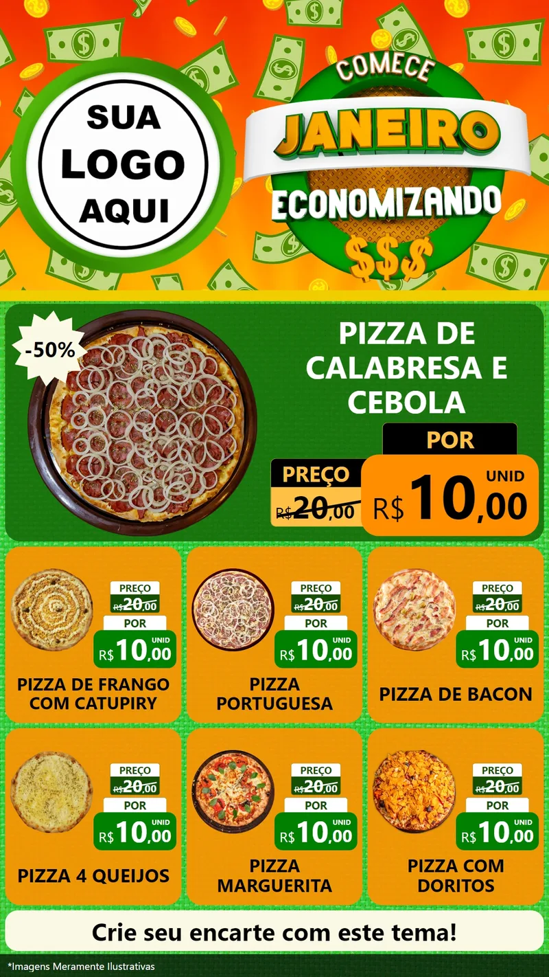 Modelo de Rede Social para Stories com o tema Comece Janeiro Economizando para Pizzaria