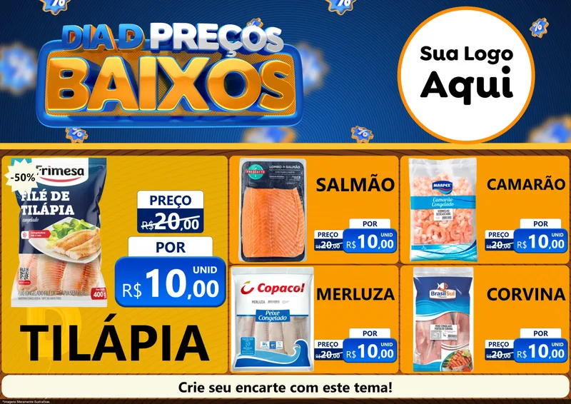Modelo de Encarte para Encarte A4 Horizontal com o tema Dia D Preço Baixo para Peixaria
