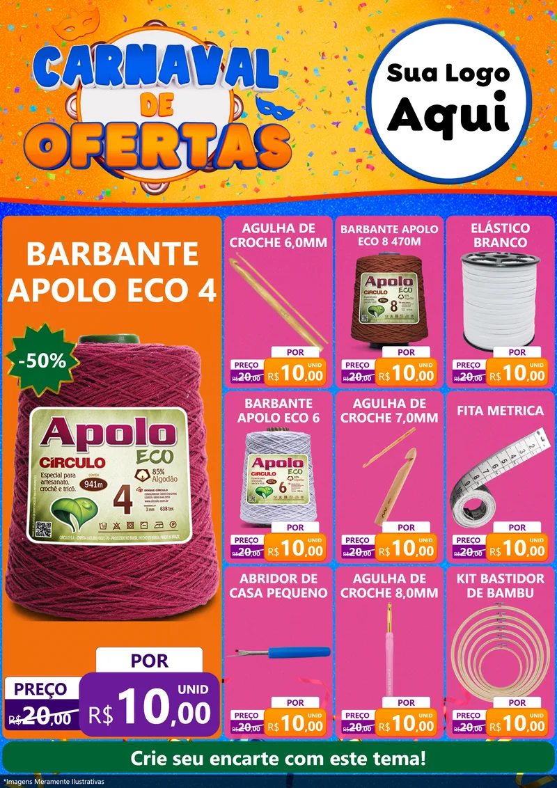 Modelo de Encarte para Encarte A4 Vertical com o tema Carnaval de Ofertas para Armarinho e Aviamentos