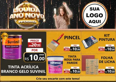 Modelo de Encarte para Encarte A4 Horizontal com o tema Liquida Ano Novo Imperdível para Tintas e Ferramentas