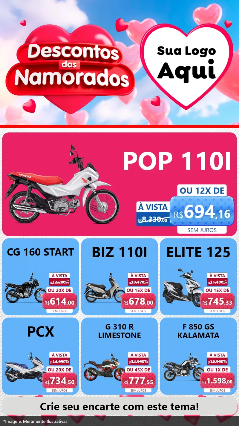 Modelo de Rede Social para Stories com o tema Descontos dos Namorados para Concessionaria de Motos