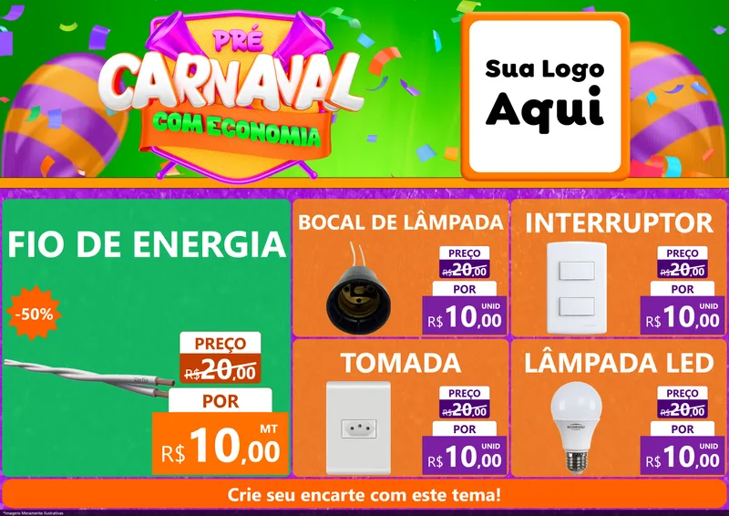 Modelo de Encarte para Encarte A4 Horizontal com o tema Pré-Carnaval Com Economia para Materiais Elétricos