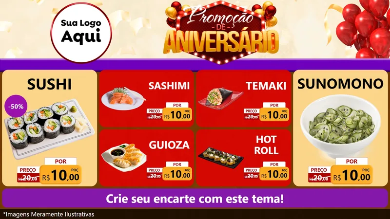 Modelo de TV para TV Horizontal com o tema Promoção de Aniversário para Comida japonesa